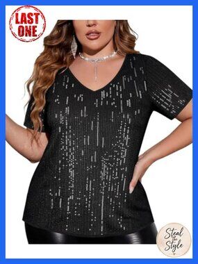 Plus Size Sequin Tunic Top Short Sleeve V-Neck Sparkly Party Shirt XL-5XL